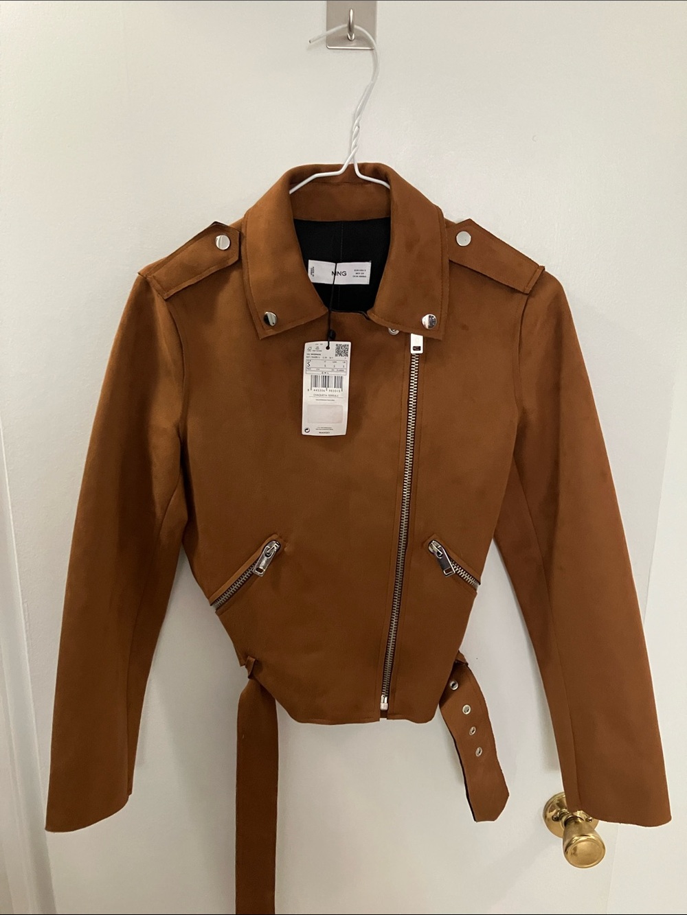 Mango Suede-Look Brown Asymmetric Zip Leather Jacket